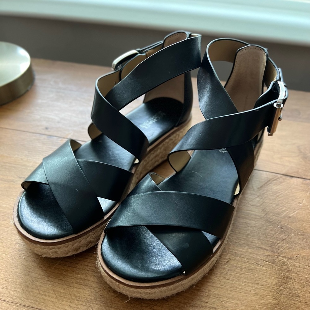MICHAEL Michael Kors Darby Black Leather Espadrille Sandals 5.5